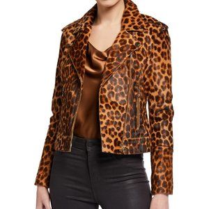 L'AGENCE Leopard-Print Goat Hair Biker Jacket. $1850